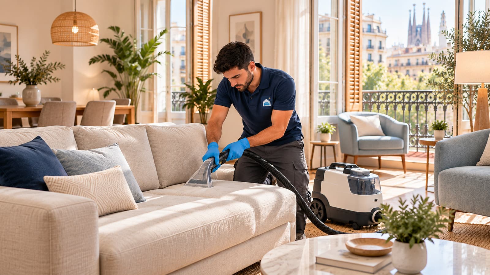 Nettoyage d'un canapé dans un appartement meublé haut de gamme à Barcelone