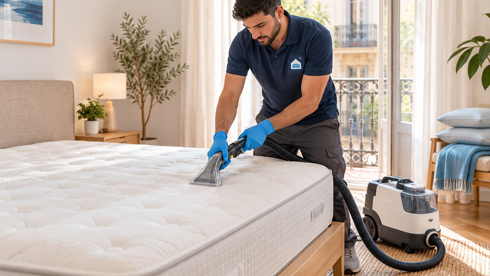 Limpieza de un colchón de matrimonio con boquilla de extracción en un dormitorio luminoso