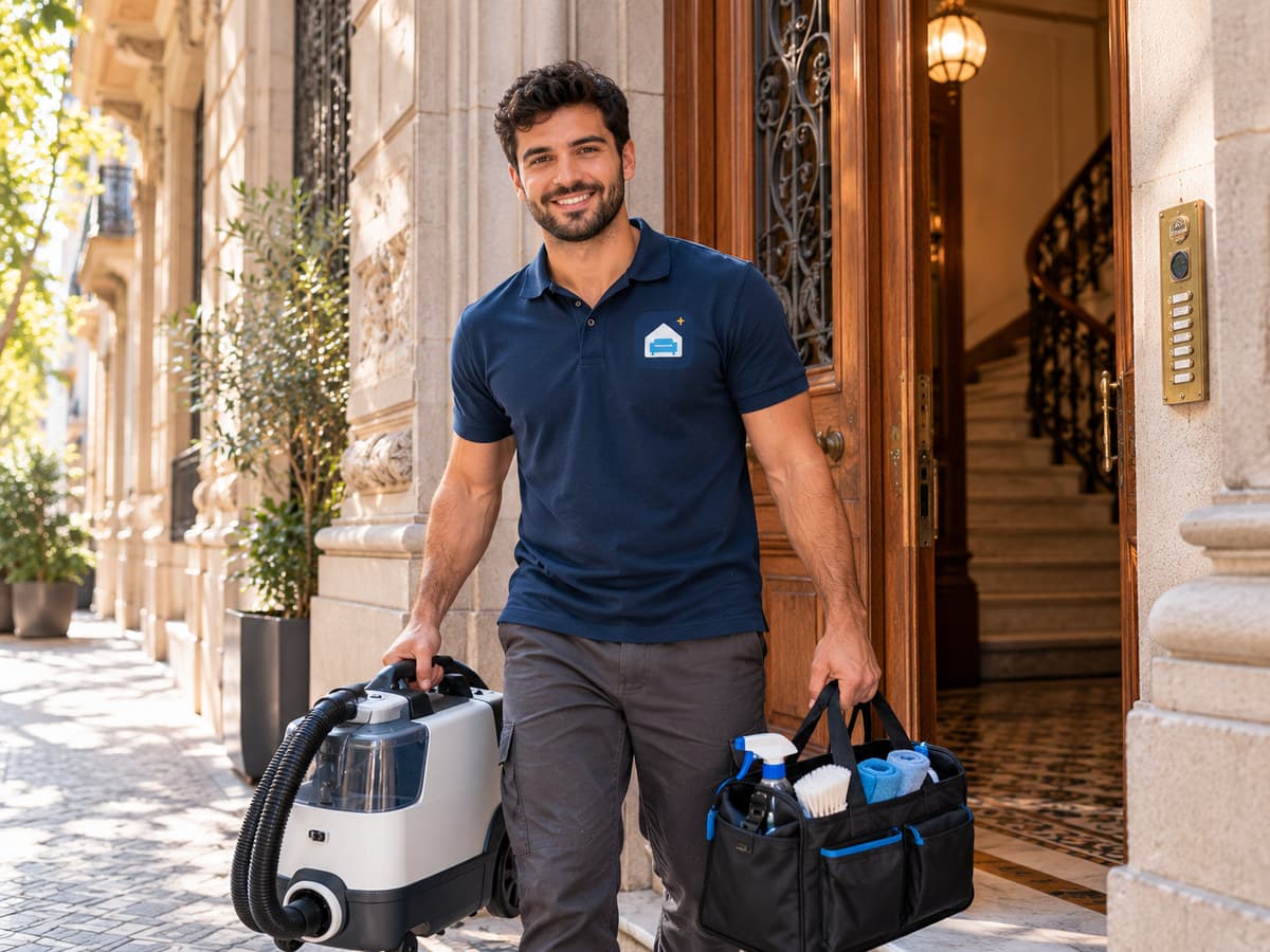 Technician with cleaning equipment at the entrance of an Eixample building