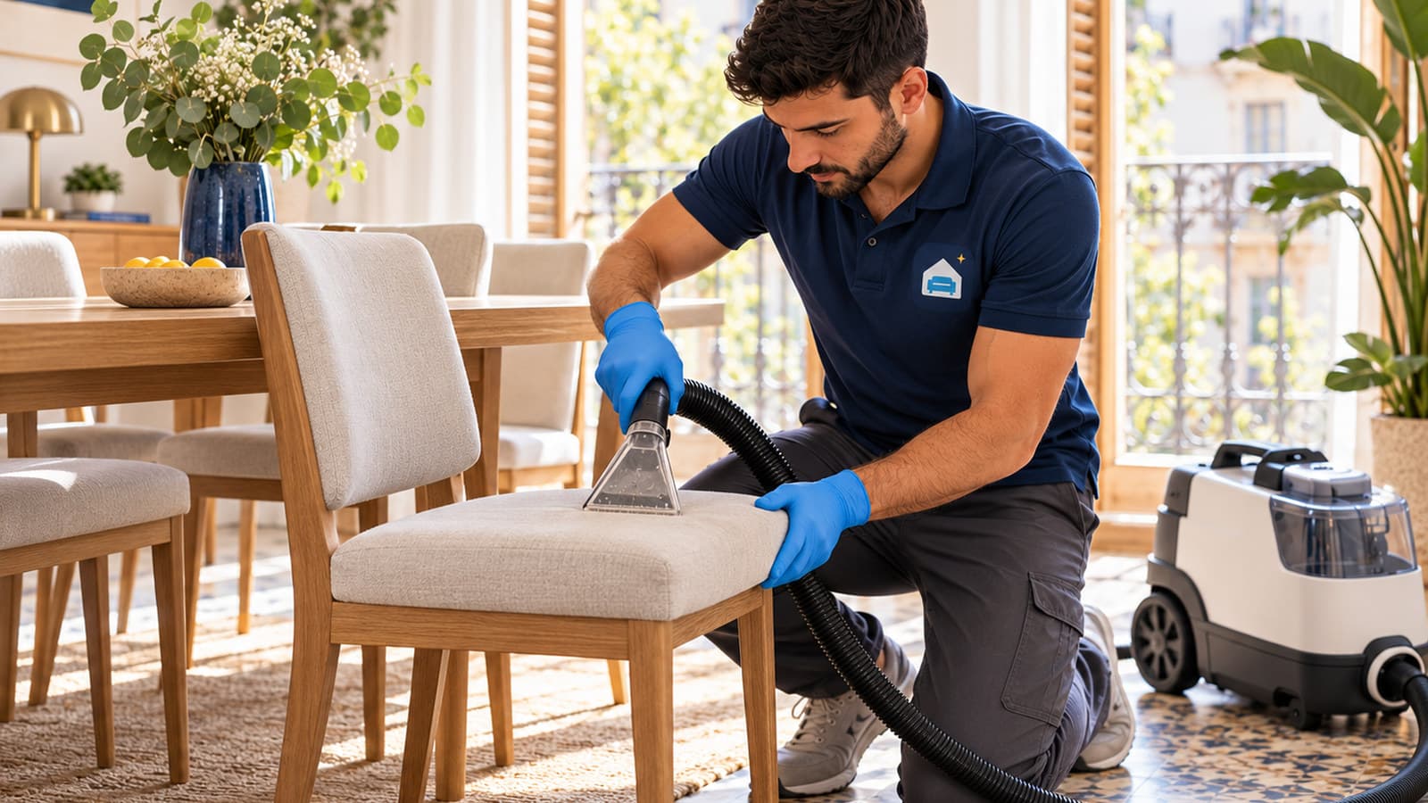 Nettoyage d'une chaise de salle à manger rembourrée près d'une table en bois
